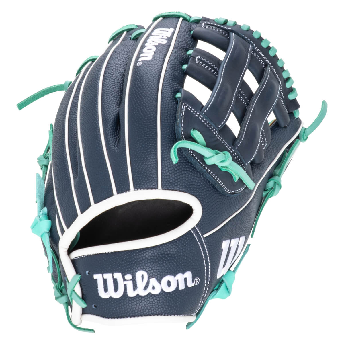 Top-down view of a navy Wilson baseball glove with white stitching and teal laces.