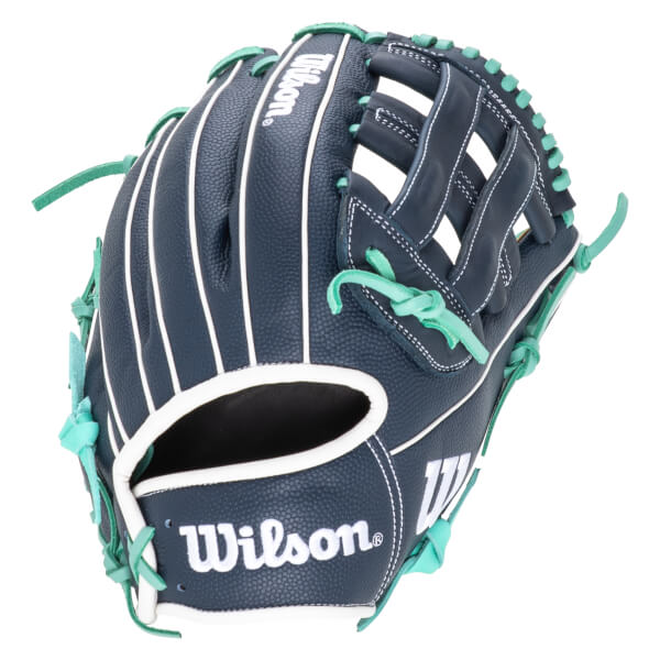 Top-down view of a navy Wilson baseball glove with white stitching and teal laces.
