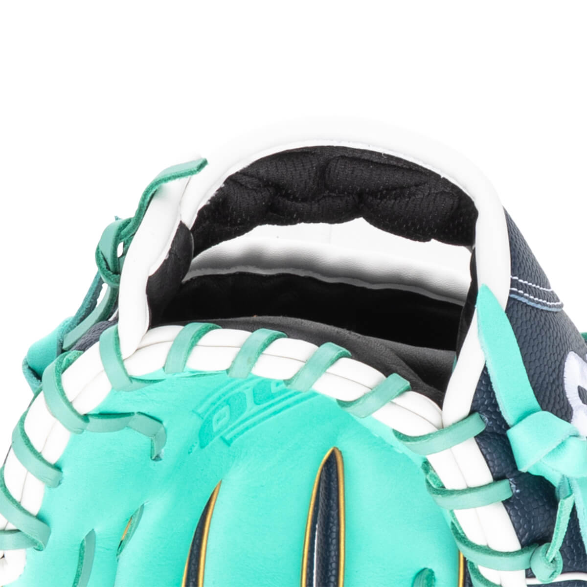 Close-up of the top of a baseball glove showing teal lacing, white padding, and a dark blue textured exterior.