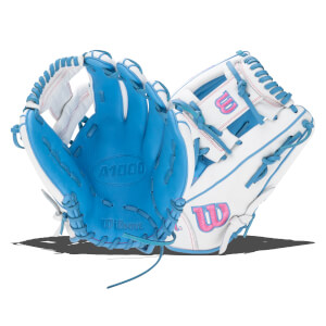 Open view of a white and blue Wilson A1000 baseball glove with pink embroidered logos.