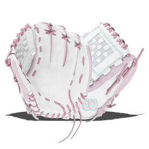 Front view of a white and pink baseball glove with a woven pocket detail and a Wilson logo.