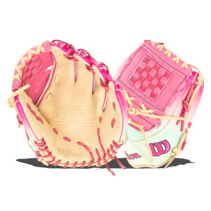 Front view of pink Wilson A1000 baseball glove with tan laces and a checkered pattern on the pocket.