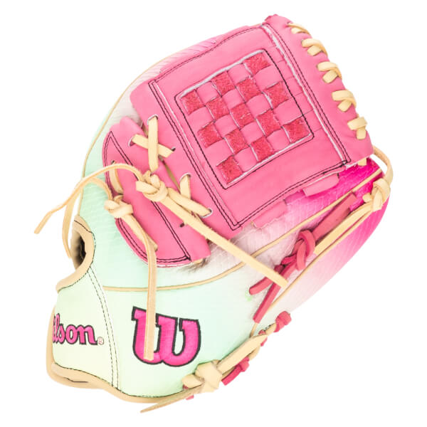 Top-down view of a pink and mint green Wilson baseball glove with a woven pink pocket and visible "Wilson" text.