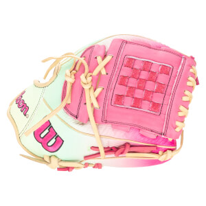 Top-down view of a pink and mint green Wilson baseball glove with a checkered web detail and "Wilson" logo.