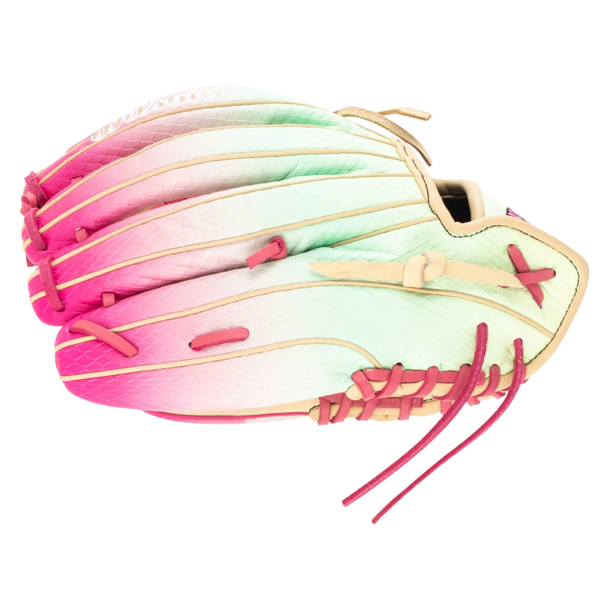 Side view of a baseball glove with a pink to green gradient, tan lacing, and "KID" embossed on the palm.