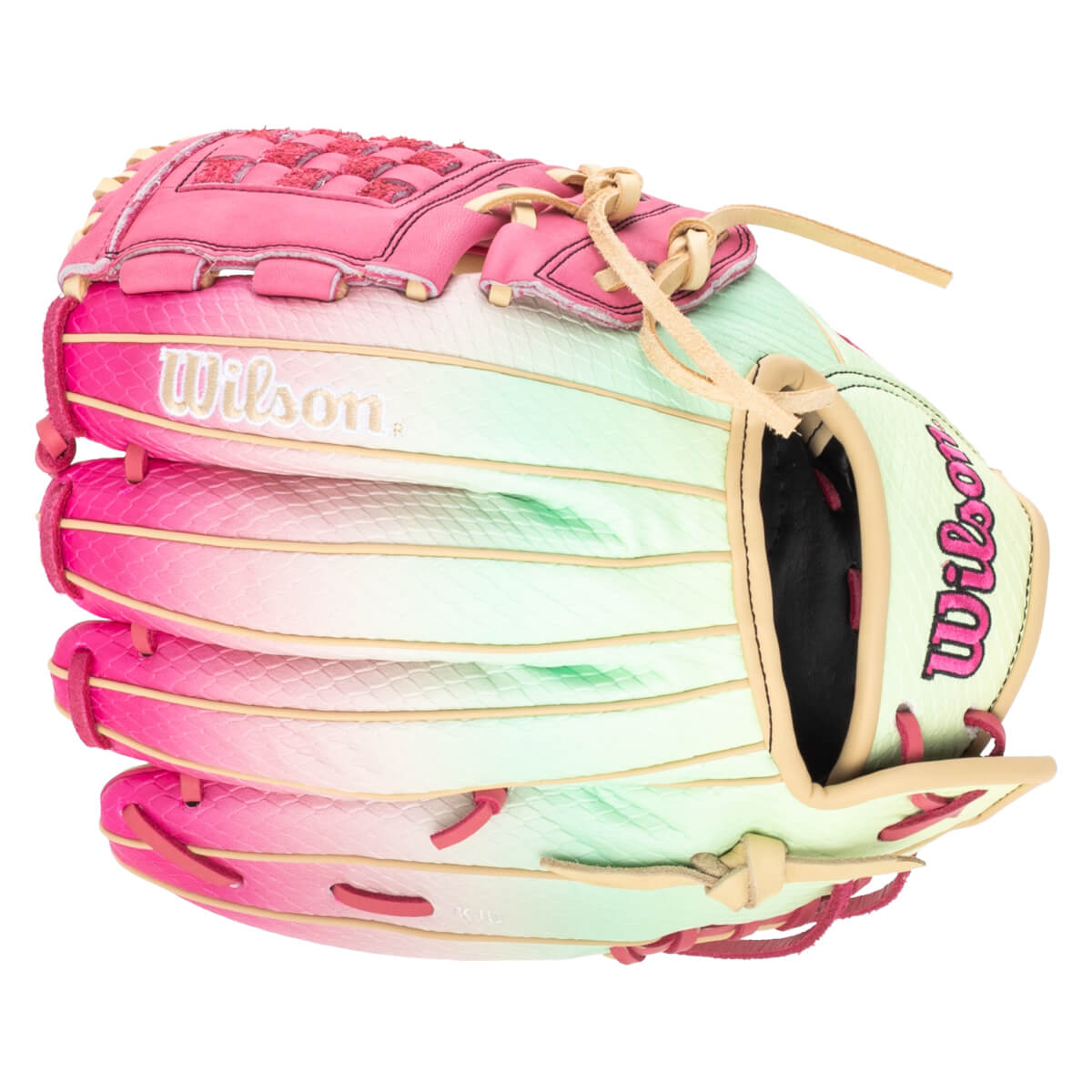 Top-down view of a pink and green ombre baseball glove with "Wilson" embroidered on the palm.