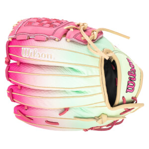 Top-down view of a pink and green ombre baseball glove with "Wilson" embroidered on the palm.