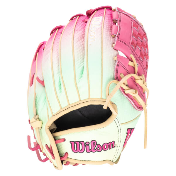 Front view of a pink and green ombre Wilson baseball glove with a textured pattern and "Wilson" logo.
