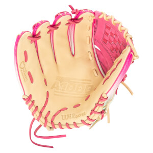 Top-down view of a tan and pink Wilson A1000 baseball glove with "The Moment" logo.