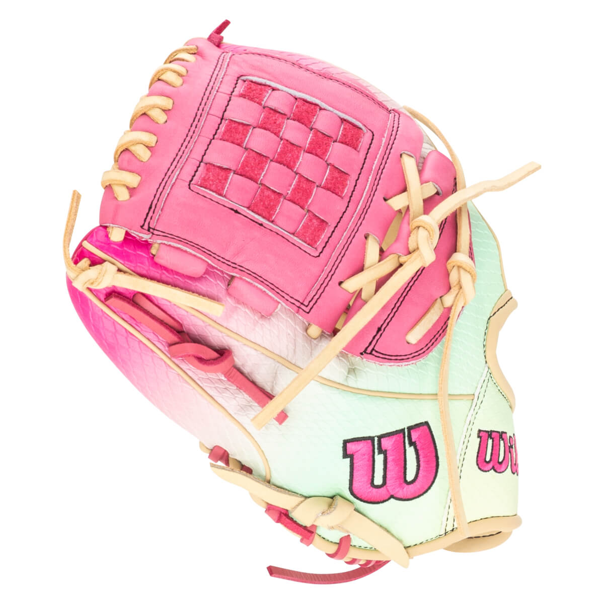 Top-down view of a pink and mint green Wilson baseball glove with a woven pink pocket and large pink "W" logos.