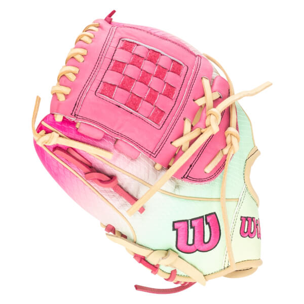 Top-down view of a pink and mint green Wilson baseball glove with a woven pink pocket and large pink "W" logos.