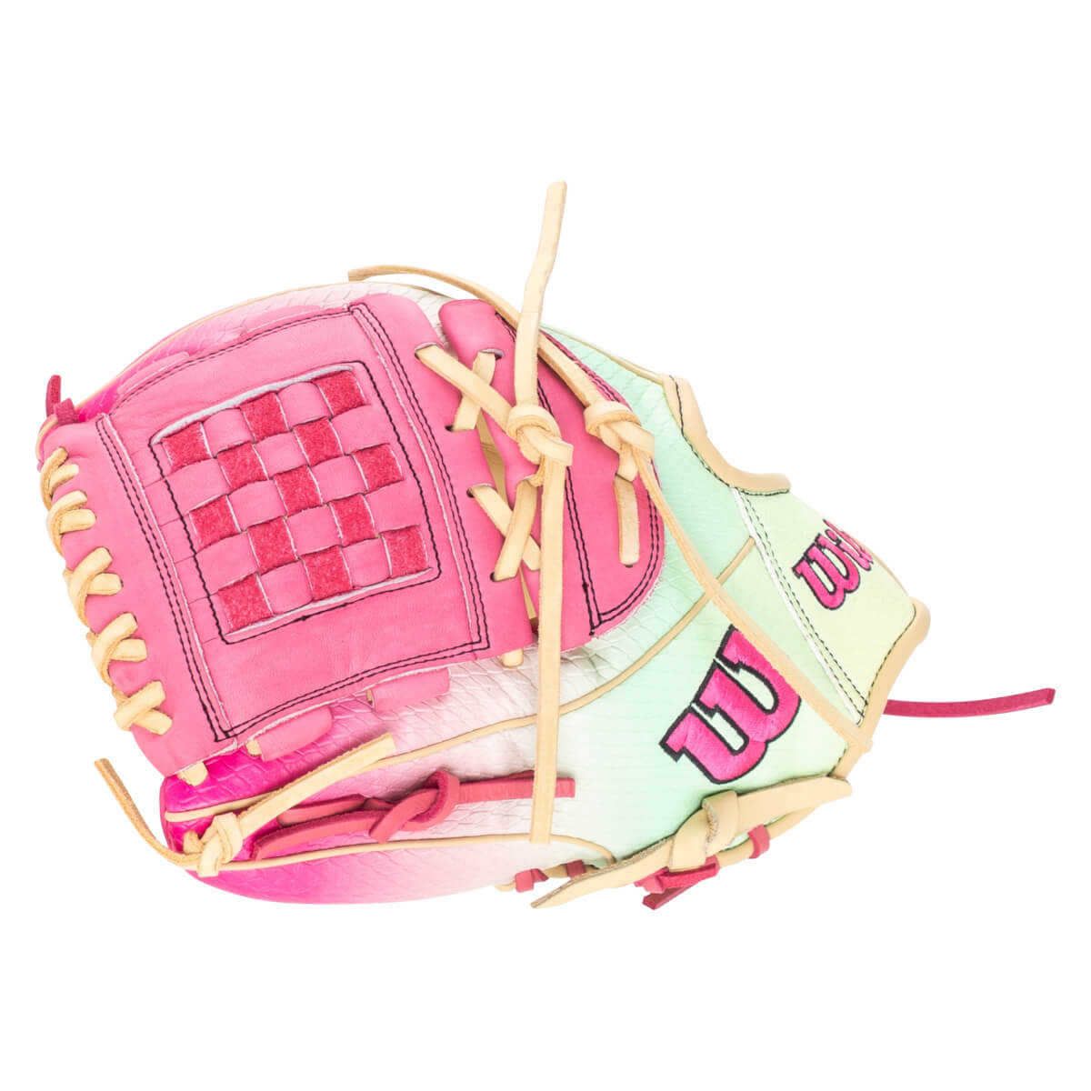 Top-down view of a pink and mint green Wilson baseball glove with a woven pink pocket and pink "W" logos.