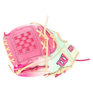 Top-down view of a pink and mint green Wilson baseball glove with a woven pink pocket and pink "W" logos.