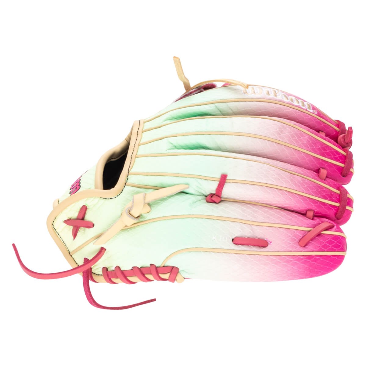 Side view of a baseball glove with a pink and green gradient, featuring tan lacing and a textured pattern.