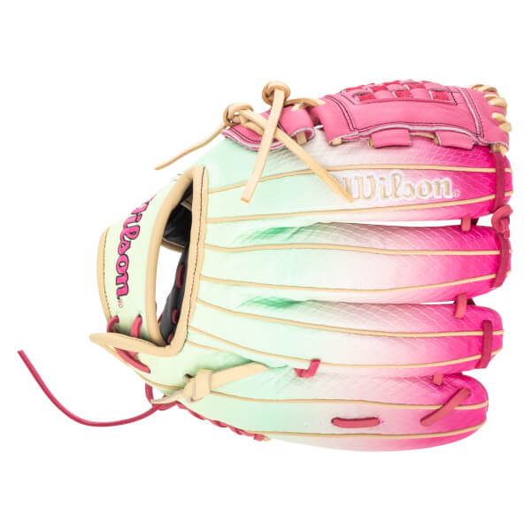 Side view of a pink and green ombre baseball glove with "Wilson" embroidered in gold.