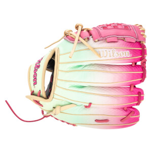Side view of a pink and green ombre baseball glove with "Wilson" embroidered in gold.
