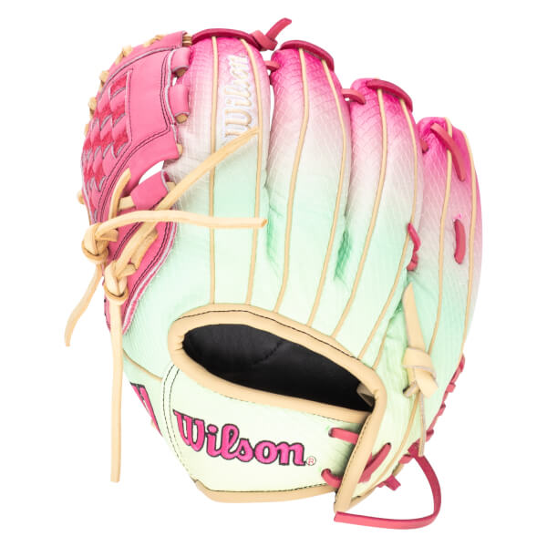 Front view of a pink and green baseball glove with a textured pattern and "Wilson" logo.