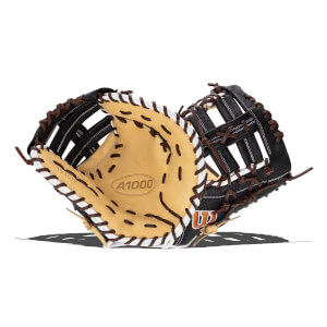 Top-down view of a black and tan baseball first base mitt with A1000 on the palm, brown lacing, and white stitching.