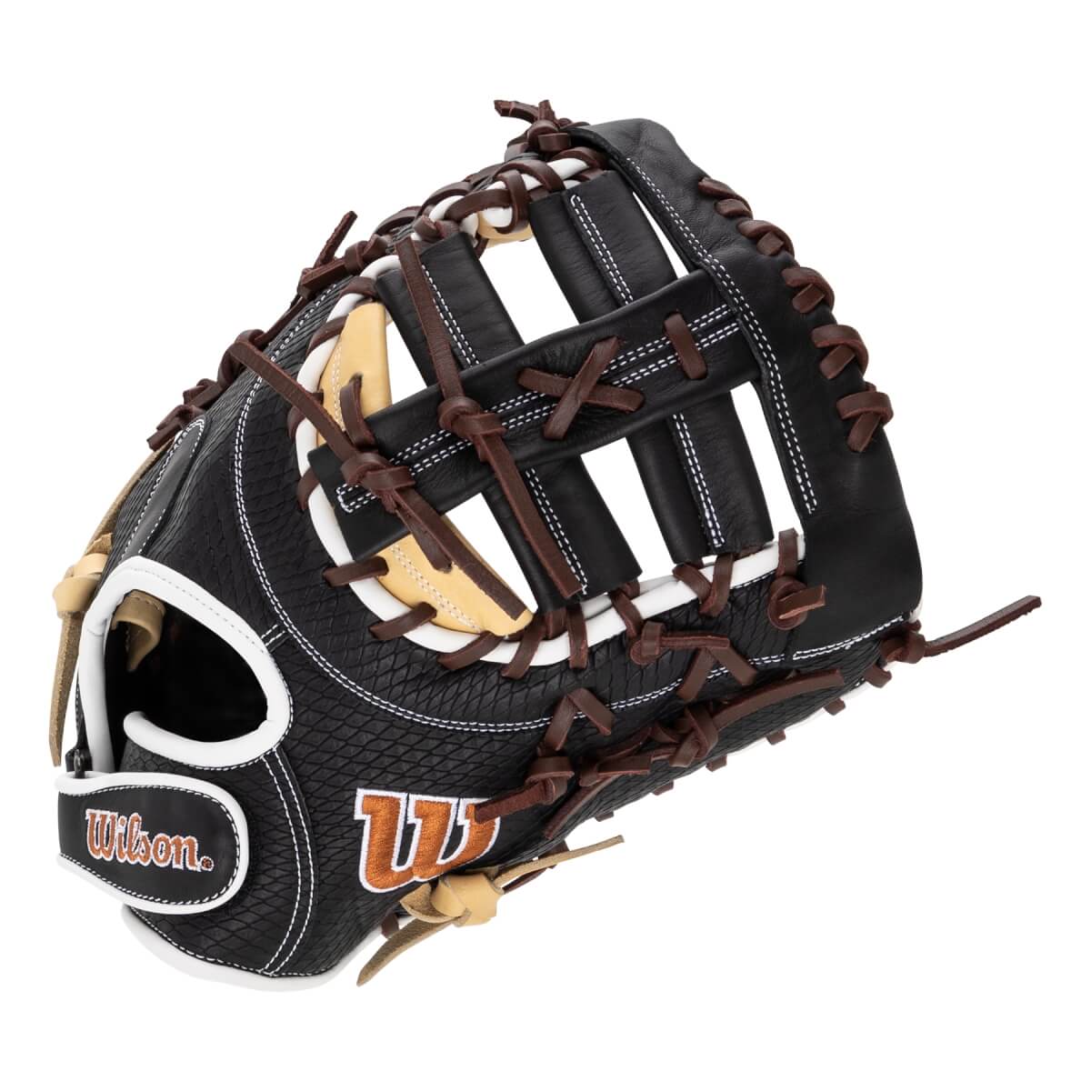 Angled front view of a black baseball first base mitt with brown laces, tan web, and a visible Wilson logo.