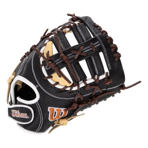 Angled front view of a black baseball first base mitt with brown laces, tan web, and a visible Wilson logo.