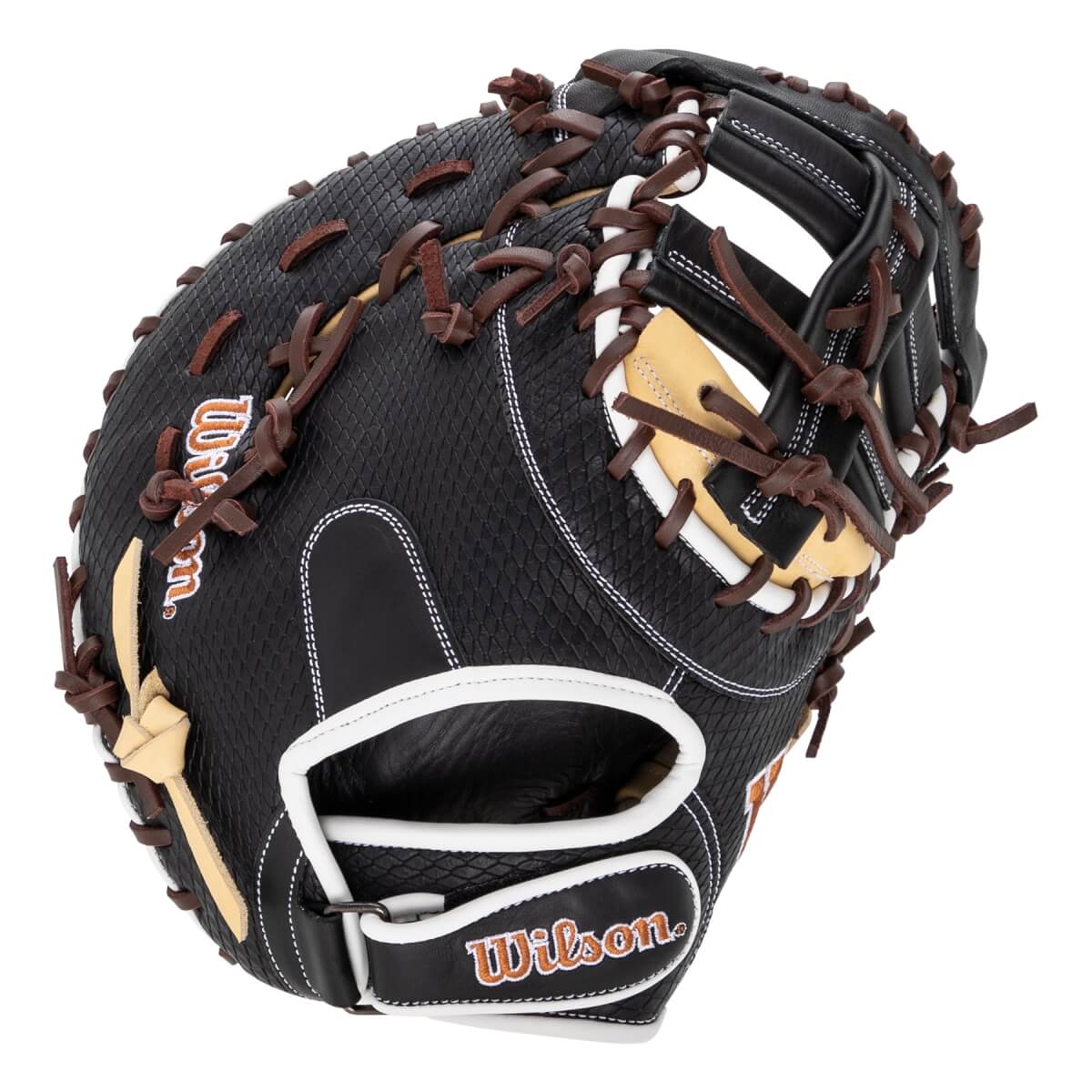 Angled view of a black baseball first base mitt with brown laces, white trim, textured surface, and Wilson logo.