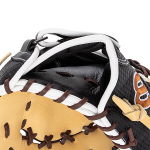 Interior view of a black and tan baseball mitt with white trim, brown laces, and a textured back.