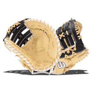 Interior view of a tan and black baseball glove, showing the "A1000" logo and white lacing.