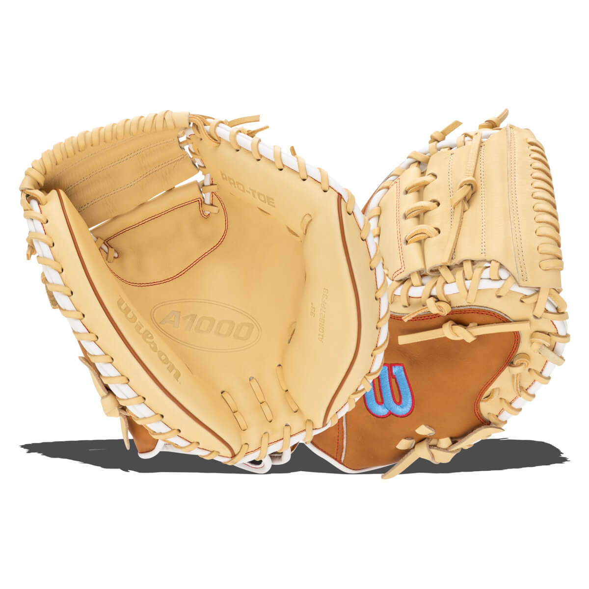 Top-down view of a tan Wilson A1000 baseball glove with red stitching and a blue "W" logo.