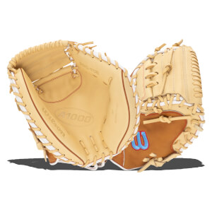 Top-down view of a tan Wilson A1000 baseball glove with red stitching and a blue "W" logo.