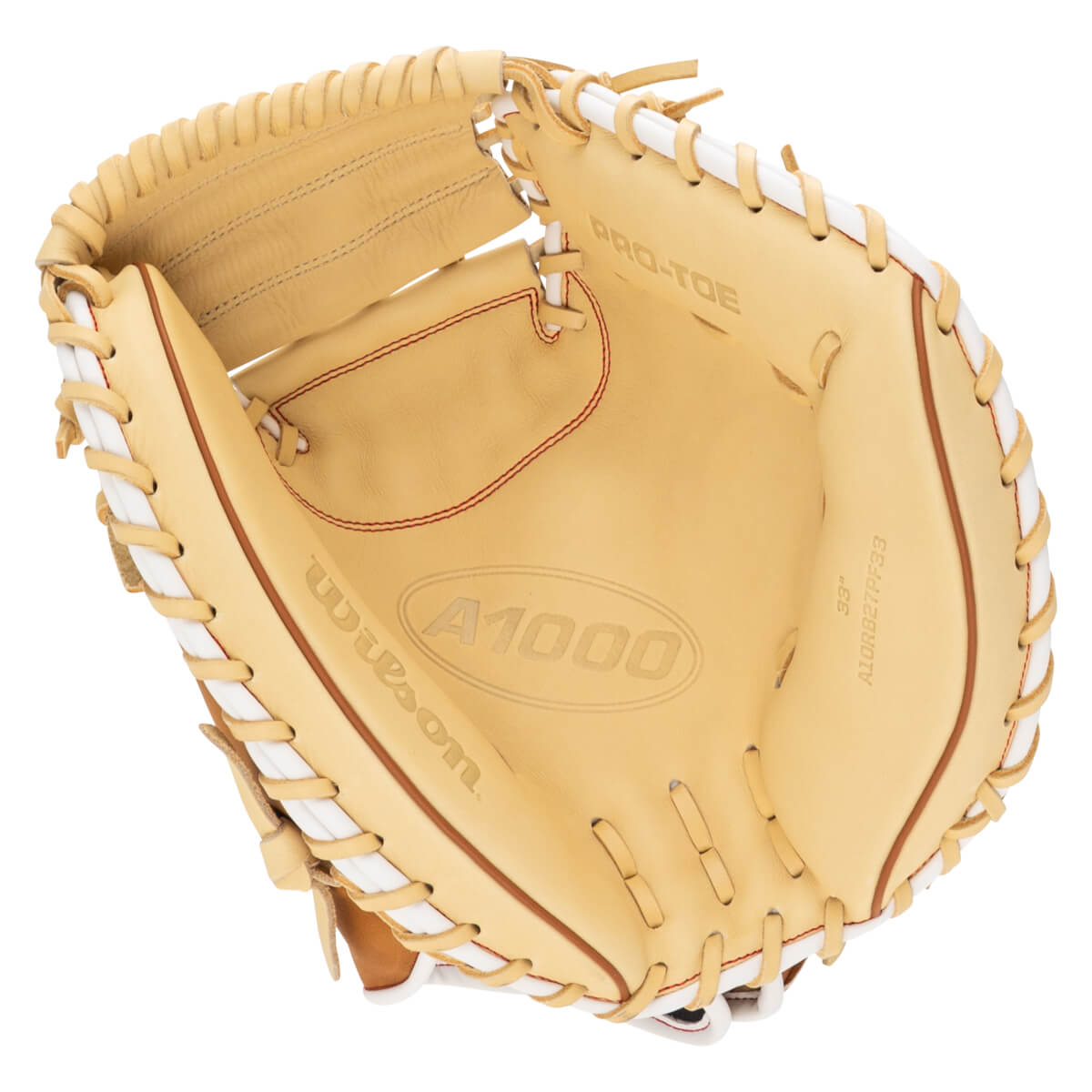 Top-down view of a tan baseball glove with white lacing, showing the "A1000" logo and "PRO-TOE" text.