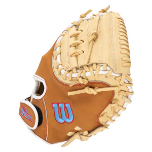 Side view of a tan baseball glove with a blue "W" logo and "Wilson" text.