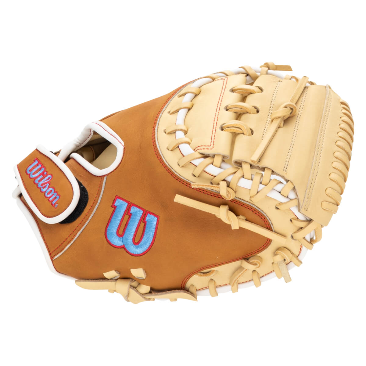 Top-down view of a tan baseball mitt with a blue "W" logo and "Wilson" text.