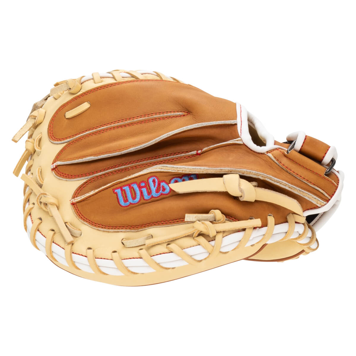 Side view of a tan Wilson baseball glove with red stitching and white lacing.