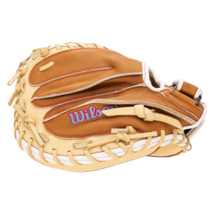 Side view of a tan Wilson baseball glove with red stitching and white lacing.