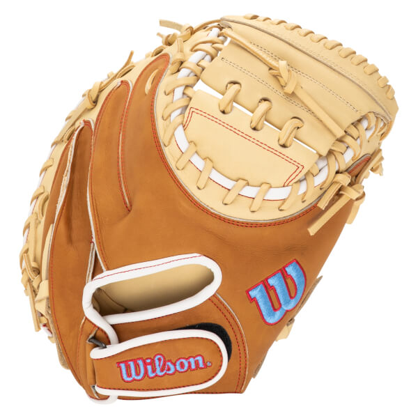 Front view of a tan baseball glove with red stitching, a blue "W" logo, and "Wilson" text.