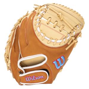Front view of a tan baseball glove with red stitching, a blue "W" logo, and "Wilson" text.