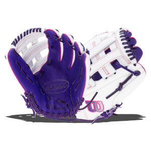 Front view of a white and purple baseball glove with "A1000" and "Wilson" visible.