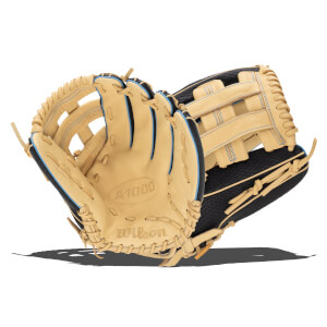 Front view of a tan Wilson A1000 baseball glove with black accents and blue stitching.