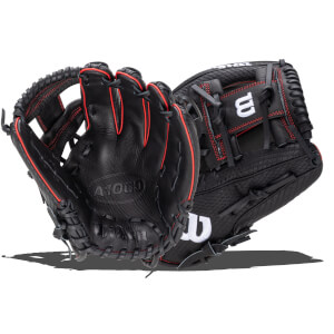 Front view of a black Wilson A2000 baseball glove with red stitching and a white "W" logo.