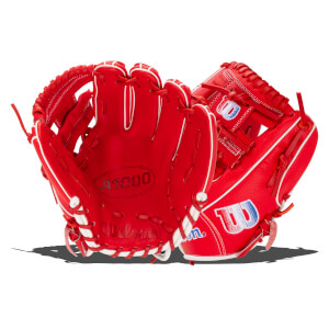 Front view of two red baseball gloves with white lacing, showing the "A1000" and "Wilson" logos.