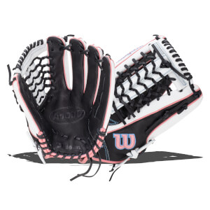 Top-down view of a black and white baseball glove with pink accents and a blue "W" logo.