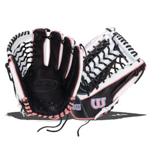 Front view of two black baseball gloves with pink and white accents, featuring "WILSON" branding.