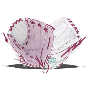 Front view of a white and pink Wilson A1000 baseball glove with pink lacing.
