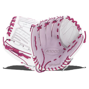 Front view of a white and pink Wilson A1000 baseball glove with pink lacing.