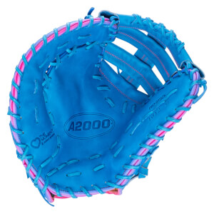 Front view of a blue leather baseball mitt with pink and blue lacing, featuring the A2000 logo in the palm and THE MOMENT autism speaks logo on the side.