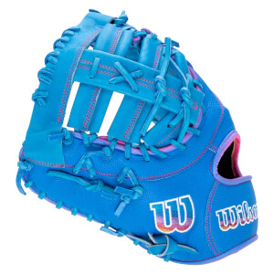 Back corner view of a bright blue baseball glove with pink stitching, featuring a large "W" logo and the word "Wilson" in a colorful gradient.
