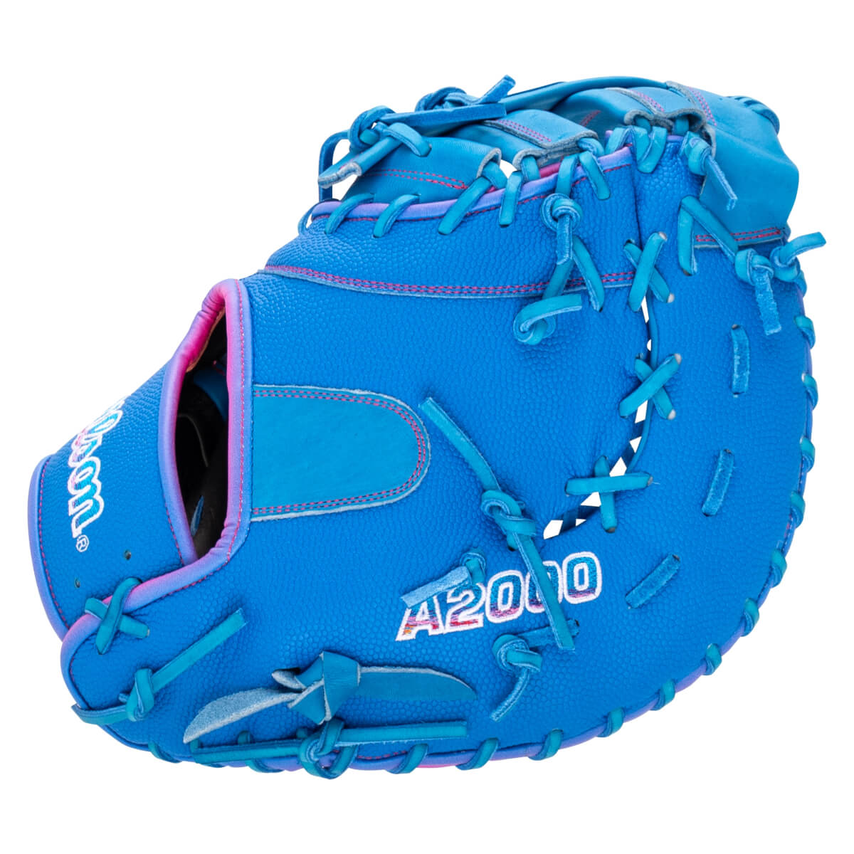 Side view of a bright blue Wilson A2000 catcher's mitt featuring light blue laces, pink stitching, and a white A2000 logo.