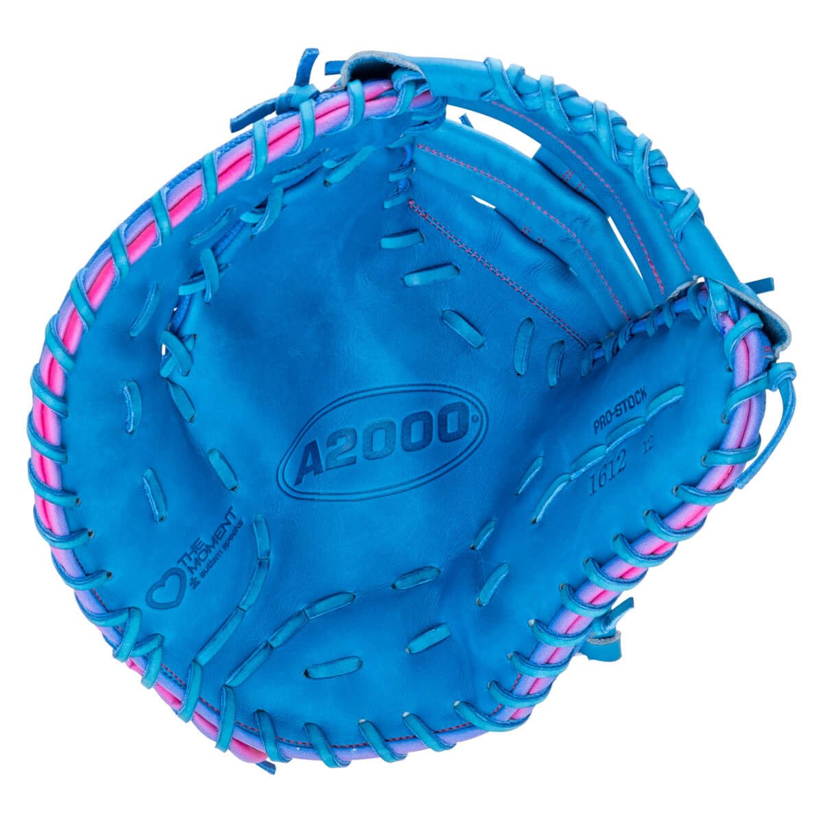 Top-down palm view of a blue catcher's mitt with pink and purple lacing and the "A2000" and "THE MOMENT autism speaks" logos.