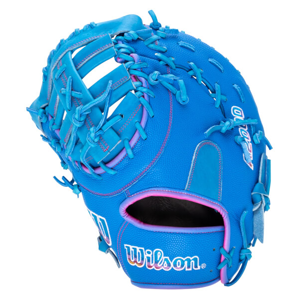 Front view of a bright blue baseball glove with pink accents, featuring the white Wilson and A2000 logos.