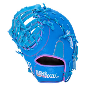 Front view of a bright blue baseball glove with pink accents, featuring the white Wilson and A2000 logos.